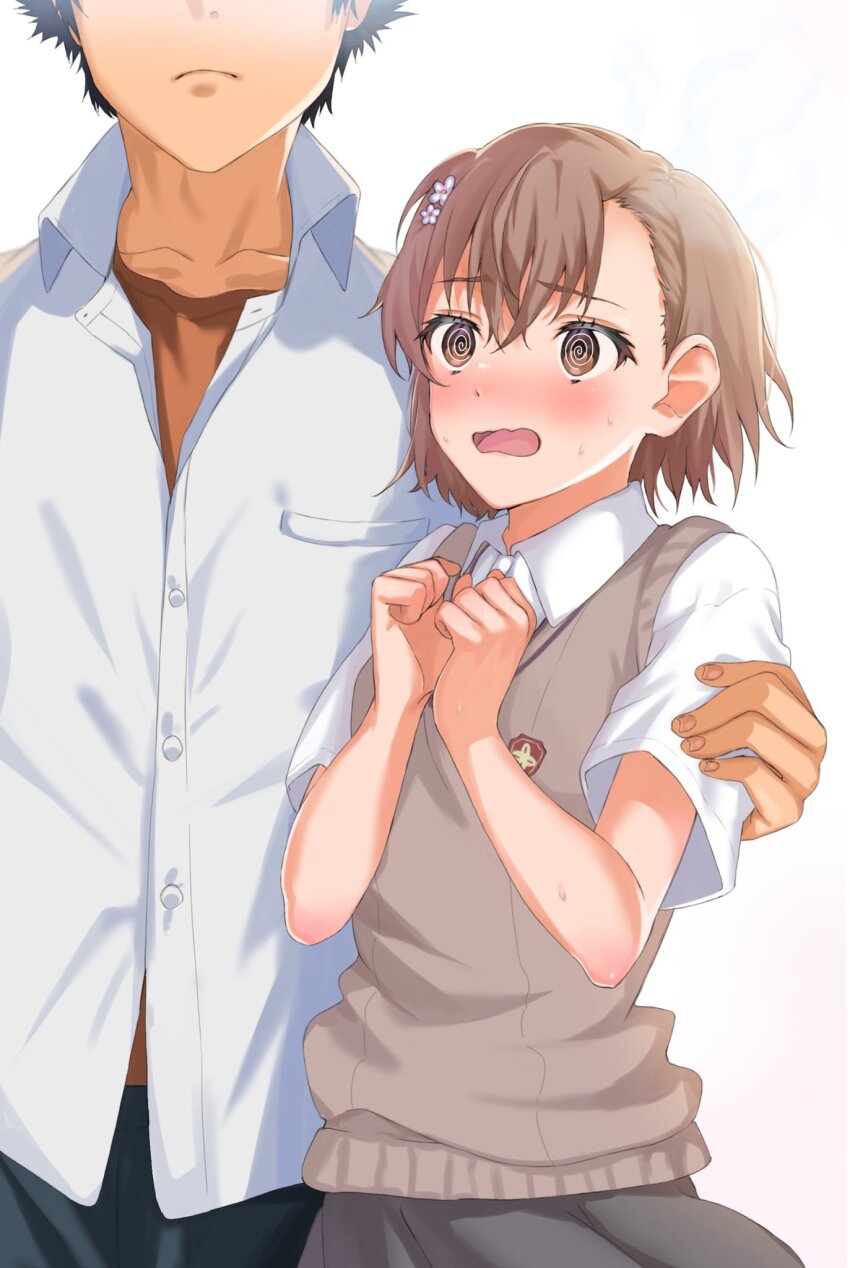 1boy 1girl @_@ alternate_height arm_around_shoulder asymmetrical_bangs black_hair blush brown_eyes brown_hair brown_shirt brown_sweater_vest collared_shirt commentary_request embarrassed grey_skirt hair_ornament hairpin highres kamijou_touma miniskirt misaka_mikoto pleated_skirt school_emblem school_uniform shirt short_hair short_sleeves sioo_1029 skirt spiked_hair summer_uniform sweater_vest toaru_kagaku_no_railgun toaru_majutsu_no_index tokiwadai_school_uniform undershirt v-neck white_background white_shirt
