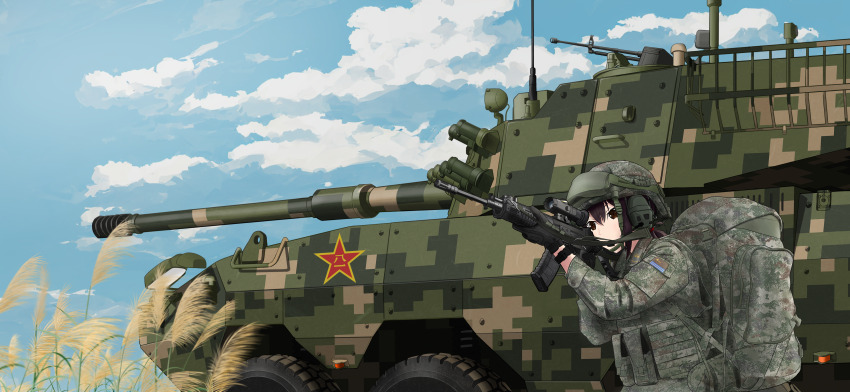 1girl absurdres aiming assault_gun august1st backpack bag black_eyes black_hair blue_sky camouflage cannon chin_strap cloud digital_camouflage eight-wheel_drive helmet highres load_bearing_equipment military_combat_uniform military_uniform military_vehicle original people&#039;s_liberation_army people&#039;s_liberation_army_ground_force qbz-191 scope sky smoke_grenade_launcher solo type_08_combat_vehicle user_uejr5243 wheat wheel ztl-11