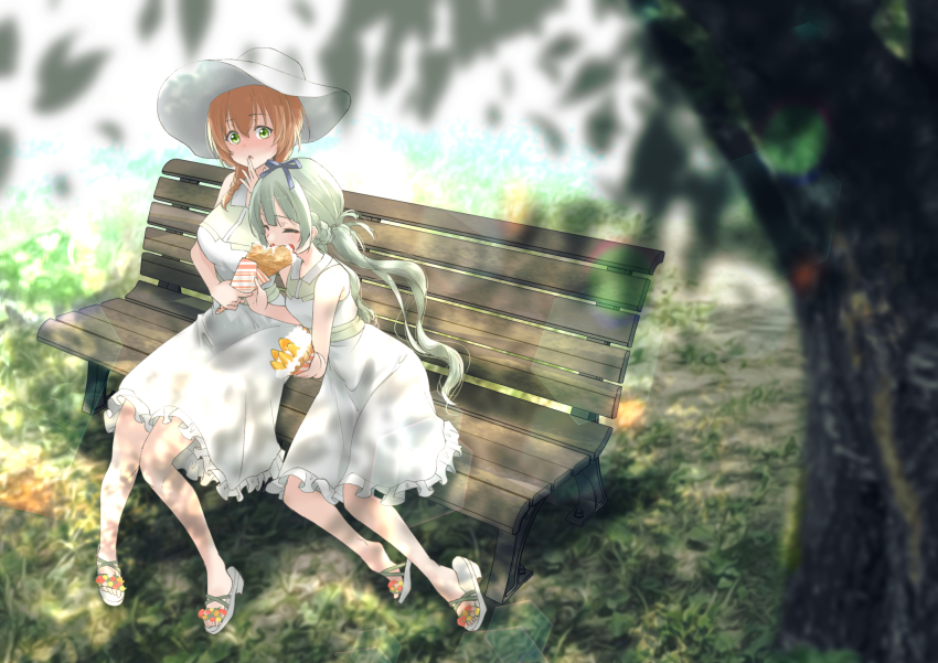 2girls assault_lily bare_arms bare_shoulders bench blue_ribbon blunt_bangs blurry blurry_background blurry_foreground braid breasts closed_eyes commentary_request commission crepe day dress eating flower food frilled_dress frills full_body grass green_eyes grey_footwear hair_between_eyes hair_ribbon half_up_braid hands_up hat height_difference highres hirotsu_yuuzutsu holding holding_crepe holding_food knees_together_feet_apart leaning_to_the_side lens_flare light_brown_hair long_hair looking_at_another low_twintails medium_breasts multiple_girls on_bench outdoors park_bench parted_lips red_flower ribbon sandals sharing_food side_braid single_braid sitting skeb_commission sleeveless sleeveless_dress small_breasts sun_hat sundress tree tree_shade twintails ueda_imari urutsu_sahari very_long_hair white_dress white_flower white_hat yellow_flower yuri