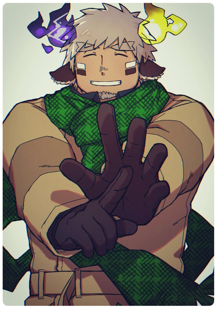 1boy animal_ears asymmetrical_horns bara black_gloves blush border closed_eyes cow_boy cow_ears cow_horns facial_hair fiery_horns finger_counting gloves goatee grey_background grin haishiba_ame hand_focus highres horns jacket male_focus mismatched_horns plaid_clothes plaid_scarf scarf short_hair smile solo tokyo_houkago_summoners upper_body wakan_tanka wakan_tanka_mugen white_border white_hair