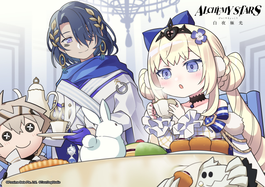 1boy 1girl :o absurdres aged_down alchemy_stars bare_shoulders bethlehem_(alchemy_stars) black_choker blonde_hair blowing blue_bow blue_eyes blue_hair blue_scarf blush bow cake cape chair chandelier character_doll child choker cloak commentary copyright_notice cup doll double-parted_bangs double_bun dress earrings english_commentary facial_mark flower food frilled_sleeves frills fur-trimmed_cape fur_trim gloves hair_bow hair_bun hair_flower hair_ornament hair_over_one_eye highres holding holding_cup holding_saucer indoors jewelry leaf_hair_ornament long_hair long_sleeves looking_at_another looking_at_object low_twintails male_focus navigator_(alchemy_stars) novio_(alchemy_stars) off-shoulder_dress off_shoulder official_art pastry purple_eyes purple_gloves saucer scarf shirt short_hair sitting smile standing steam table tablecloth tart_(food) teacup teapot twintails upper_body white_cape white_cloak white_dress white_rabbit_(animal) white_shirt