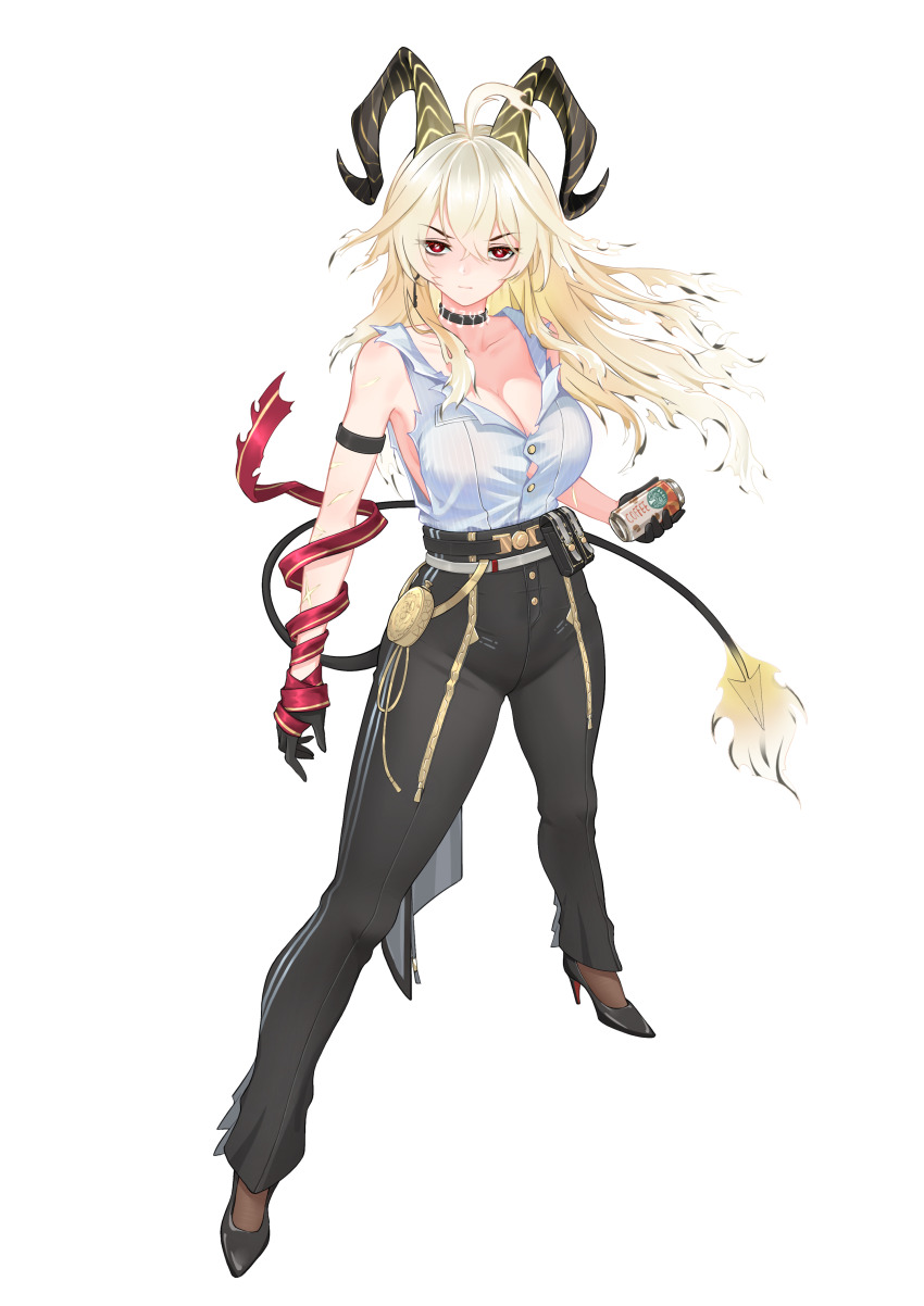 1girl absurdres arm_strap bare_shoulders black_choker black_horns black_pants black_shoes black_tail blonde_hair breasts button_gap can chinese_commentary choker closed_mouth commentary_request curled_horns demon_tail drink_can earrings fire flame-tipped_tail hair_between_eyes high_heels highres holding holding_can horns jewelry key_earrings large_breasts looking_at_viewer necktie necktie_around_wrists pants red_eyes red_necktie shirt shirt_tucked_in shoes simple_background solo standing tail torn_clothes torn_shirt v-shaped_eyebrows white_background white_shirt wuthering_waves xiaoyu_yao_(htx1993601) zani_(wuthering_waves)