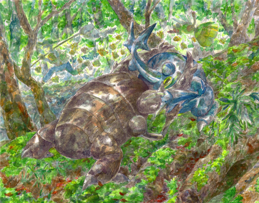 1boy battle bug_catcher_(pokemon) butterfly_net combee forest gen_1_pokemon hand_net heracross kakuna metapod nature net no.017 no._017 pinsir pokemon pokemon_(creature) traditional_media vespiquen