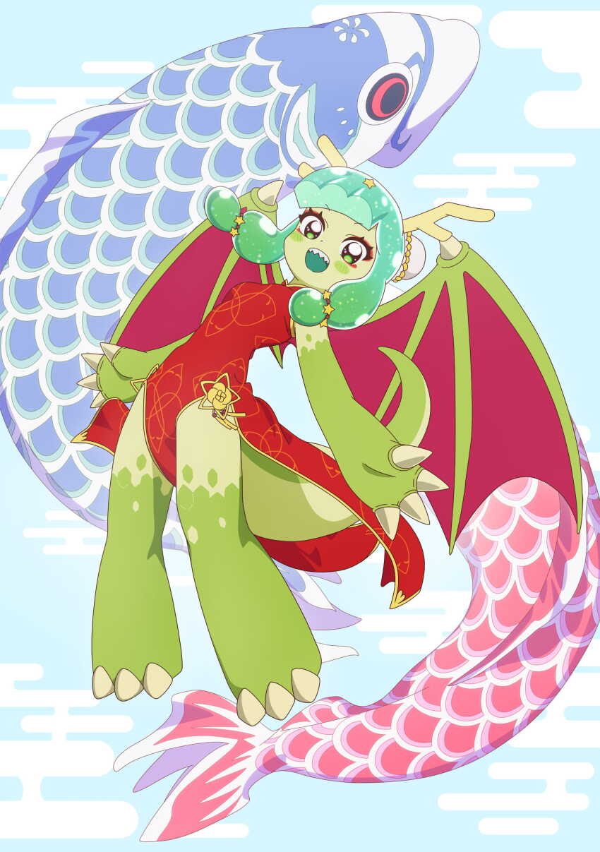 1girl absurdres china_dress chinese_clothes claws colored_skin dragon_girl dragon_horns dragon_tail dragon_wings dress full_body green_eyes green_hair green_skin highres horns kodomo_no_hi koi looking_at_viewer monster_girl official_art open_mouth puniru_(puniru_wa_kawaii_slime) puniru_wa_kawaii_slime red_dress sharp_teeth smile solo tail teeth wings