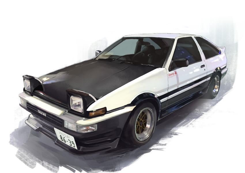 absurdres car carbon_fiber glowing highres license_plate light_trail masa_(siriusu-koko) motor_vehicle no_humans original shadow toyota toyota_sprinter_trueno vehicle_focus white_background white_car