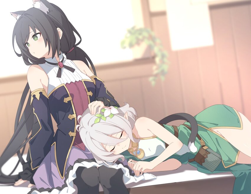 2girls animal_ear_fluff animal_ears antenna_hair belt_pouch black_hair blurry blush cat_ears cat_girl cat_tail closed_mouth commentary_request depth_of_field detached_sleeves dress dutch_angle elf extra_ears flower green_eyes grey_hair hair_flower hair_ornament hand_on_another&#039;s_head highres karyl_(princess_connect!) kokkoro_(princess_connect!) lap_pillow long_hair looking_to_the_side lying mikokomiyazawa multiple_girls on_side plant pointy_ears potted_plant pouch princess_connect! short_hair side_slit sitting sleeping sleeveless sleeveless_dress sleeves_past_wrists smile tail white_flower