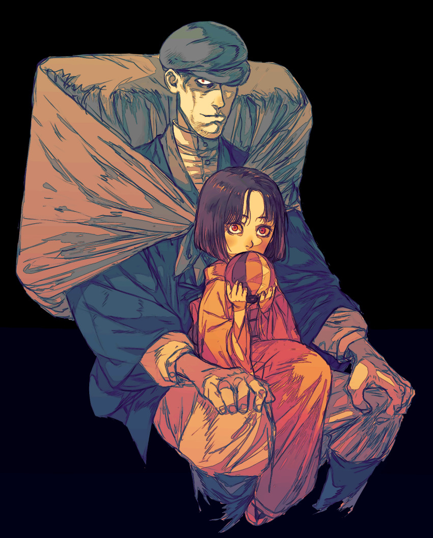 1boy 1girl bag ball black_background black_hair black_jacket bob_cut brown_pants newsboy_cap cheekbones child closed_mouth commentary_request constricted_pupils cropped_legs curtained_hair hands_on_own_knees hands_up haori hat hat_over_one_eye highres holding holding_ball invisible_chair jacket japanese_clothes katou_yasunori kimono looking_at_viewer orange_kimono pants red_eyes shirt shiso_i4 short_hair simple_background sitting sitting_on_lap sitting_on_person smile tatsumiya_yukiko teito_monogatari temari_ball very_short_hair white_shirt
