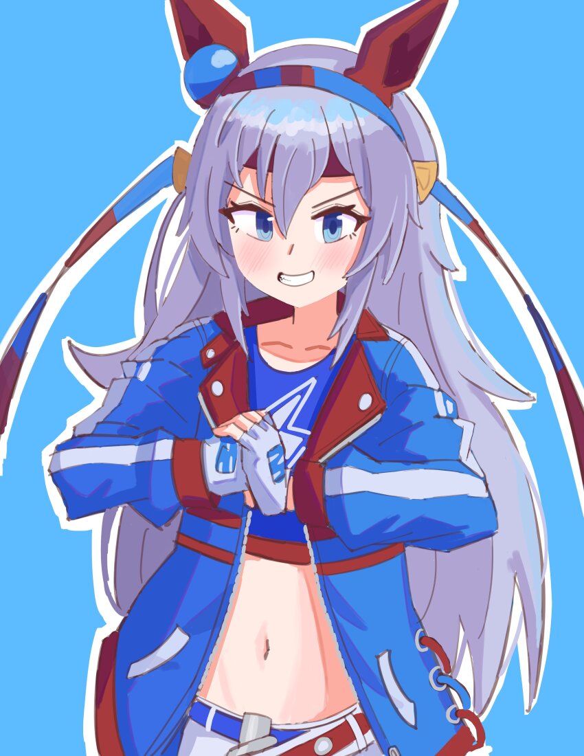 absurdres animal_ears belt blue_hairband blue_jacket blue_sports_bra crop_top ear_covers ear_ornament fingerless_gloves gloves grey_tail hairband haniiders headband highres horse_ears horse_girl horse_tail jacket lightning_bolt_print lightning_bolt_symbol pants red_belt red_headband sports_bra striped_clothes striped_hairband tail tamamo_cross_(umamusume) tamamo_cross_(with_lightning_speed)_(umamusume) umamusume umamusume:_cinderella_gray white_pants