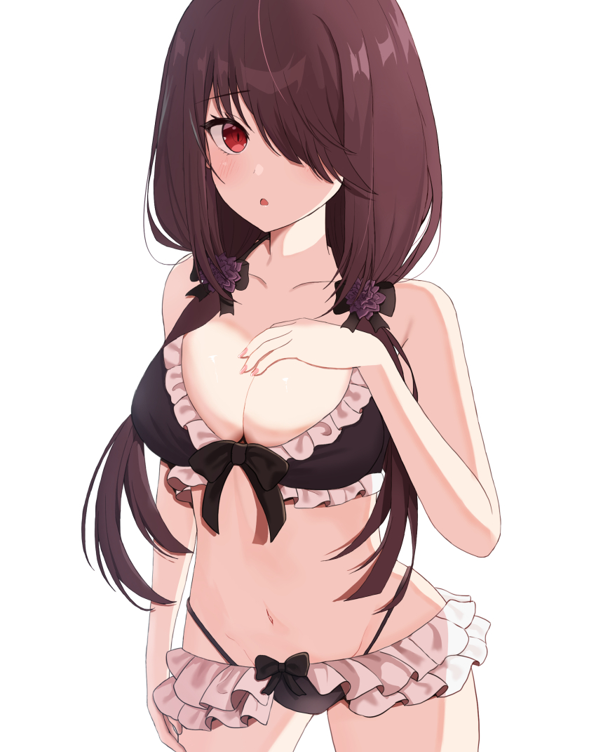 1girl absurdres bikini black_bikini blush bow bow_bikini breast_suppress breasts cleavage collarbone commentary cowboy_shot d: date_a_live date_a_live:_date_a_bullet frilled_bikini frills hair_over_one_eye hair_over_shoulder hand_on_own_thigh highleg highleg_bikini highres large_breasts long_hair looking_at_viewer low_twintails navel one_eye_covered open_mouth red_eyes simple_background solo stomach swimsuit tokisaki_kurumi tti_tti twintails white_background