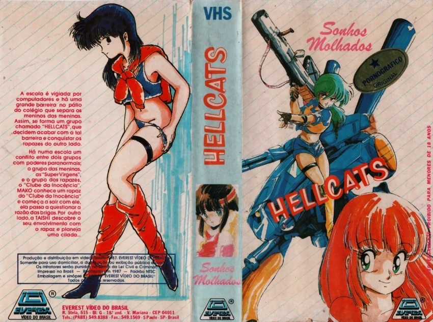 1980s_(style) 4girls anno_hideaki bare_arms bare_shoulders bazooka cream_lemon fairy_dust fingerless_gloves garter_straps gloves green_eyes hellcats leg_warmers long_hair looking_at_viewer mai_(pop_chaser) marker_(medium) mecha midriff multiple_girls oldschool orange_hair partially_translated pop_chaser portuguese_text red_hair retro_artstyle revealing_clothes rio_(pop_chaser) robot self_exposure smile thigh_strap traditional_media translation_request vhs_cover weapon
