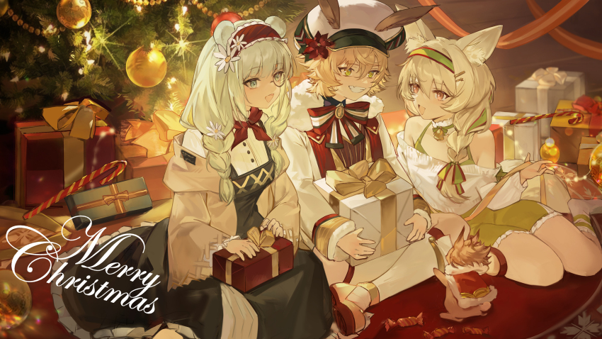 1boy 2girls :d animal_ear_fluff animal_ears arknights bare_shoulders beanstalk_(arknights) beanstalk_(gift_uncompleted)_(arknights) black_dress box braid brown_eyes brown_footwear brown_hair brown_jacket newsboy_cap candy candy_cane christmas christmas_ornaments christmas_tree commentary dress ears_through_headwear ergouzi_echo flower food frilled_dress frilled_hairband frills gift gift_box green_eyes green_skirt grin hair_between_eyes hair_over_shoulder hairband hand_up hat highres holding holding_gift indoors istina_(arknights) istina_(bibliosmia)_(arknights) jacket kneehighs leonhardt_(arknights) leonhardt_(hope_cruise)_(arknights) long_hair long_sleeves low_twintails merry_christmas monocle multiple_girls off-shoulder_shirt off_shoulder open_clothes open_jacket open_mouth puffy_long_sleeves puffy_sleeves rabbit_ears red_hairband shirt shoes sitting skirt sleeveless sleeveless_dress smile socks twin_braids twintails white_flower white_headwear white_legwear white_shirt wide_sleeves yokozuwari