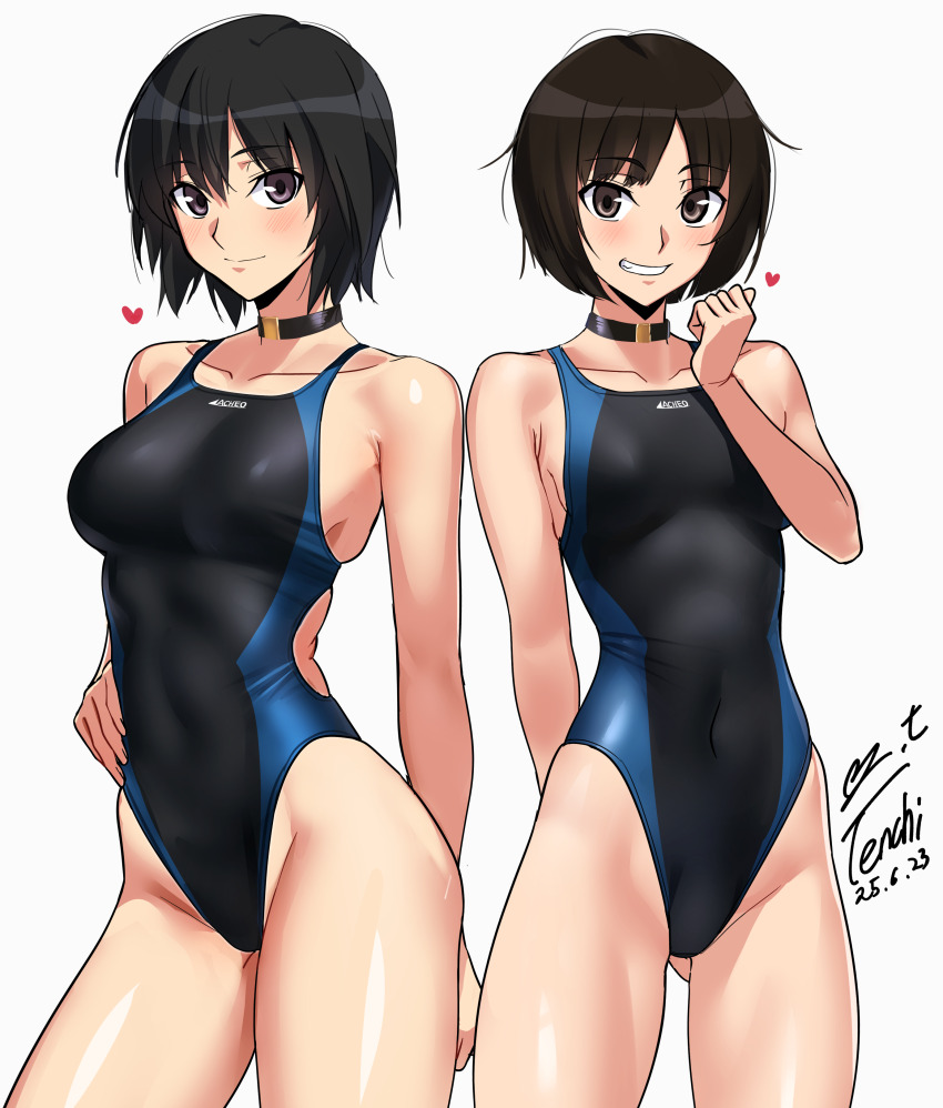 2girls absurdres amagami artist_name black_choker black_eyes black_hair black_one-piece_swimsuit blush breasts choker clenched_hand commentary_request competition_swimsuit covered_navel gluteal_fold grin hand_up heart highleg highleg_one-piece_swimsuit highres looking_at_viewer medium_breasts multiple_girls nanasaki_ai one-piece_swimsuit short_hair signature simple_background skindentation small_breasts smile swimsuit tachibana_miya thighs white_background yoo_tenchi