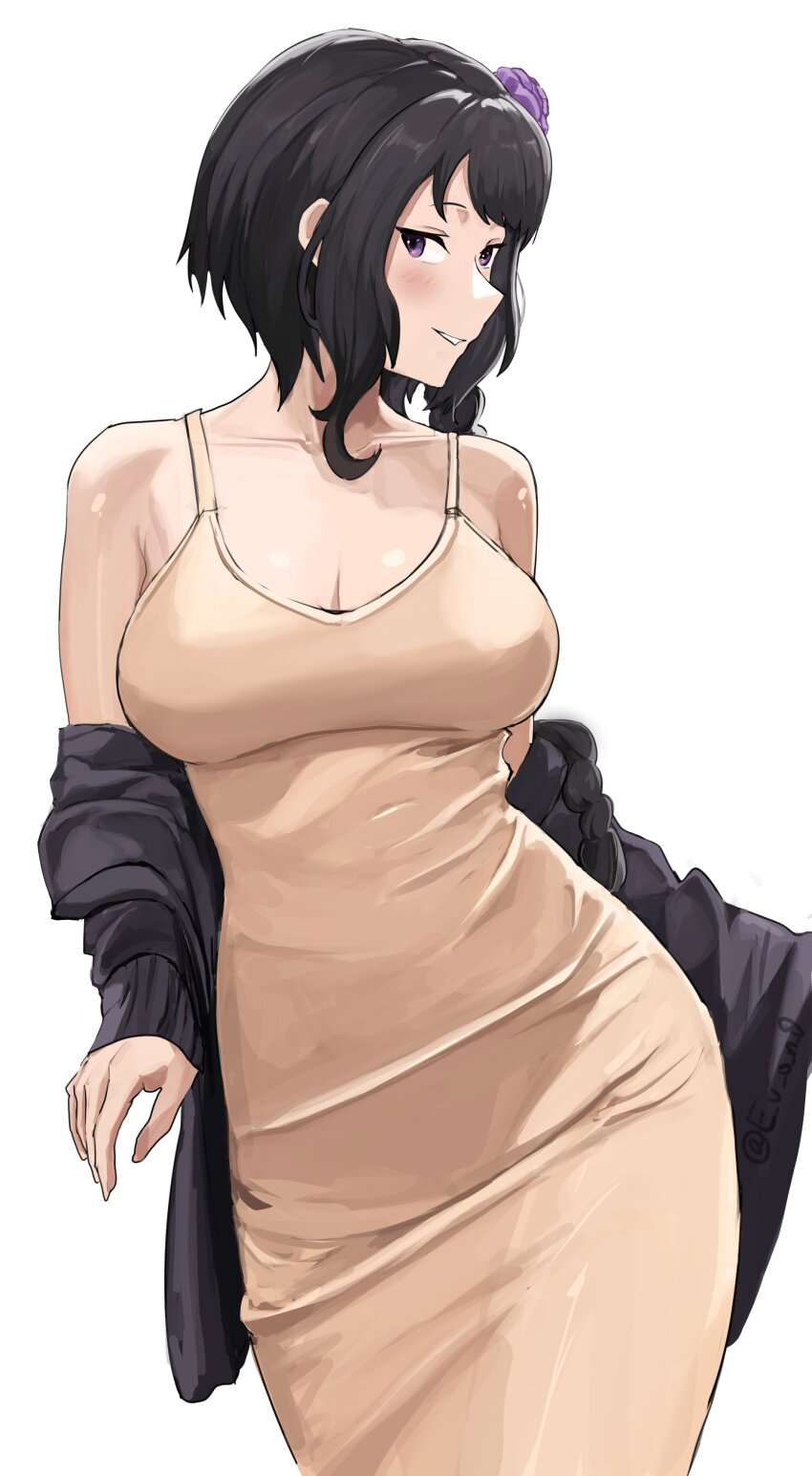 1girl absurdres akihitoevon black_hair black_jacket braid breasts brown_dress cleavage commentary contemporary dress elsa_granhilte english_commentary flower hair_flower hair_ornament highres jacket large_breasts long_hair looking_at_viewer mole mole_under_eye off_shoulder parted_lips purple_eyes re:zero_kara_hajimeru_isekai_seikatsu simple_background sleeveless sleeveless_dress smile tight_clothes tight_dress