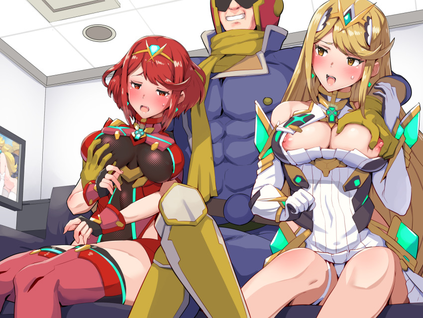 1boy 2girls blonde_hair blush boris_(noborhys) breasts captain_falcon cleavage cleavage_cutout clothing_cutout commentary_request dual_persona earrings elbow_gloves f-zero fingerless_gloves gloves grabbing_another&#039;s_breast groping headdress highres jewelry large_breasts leotard long_hair matching_hair/eyes multiple_girls mythra_(xenoblade) nintendo nipple_slip nipples open_mouth panties princess_peach pyra_(xenoblade) red_eyes red_hair short_hair shorts super_smash_bros. sweat thighhighs underwear xenoblade_chronicles_(series) xenoblade_chronicles_2 yellow_eyes zettai_ryouiki