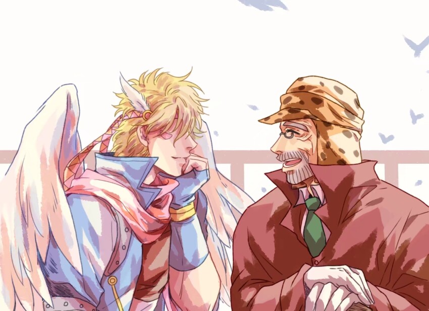 2boys angel battle_tendency beard bird blonde_hair blue_jacket bomber_hat caesar_anthonio_zeppeli diamond_wa_kudakenai facial_hair facial_mark feather_hair_ornament feathers fingerless_gloves glasses gloves grey_hair hair_ornament hair_over_eyes hand_on_own_cheek hand_on_own_face head_rest headband jacket jo_jun jojo_no_kimyou_na_bouken joseph_joestar joseph_joestar_(old) laughing long_coat male_focus multiple_boys necktie old old_man pink_scarf railing scarf white_gloves wings