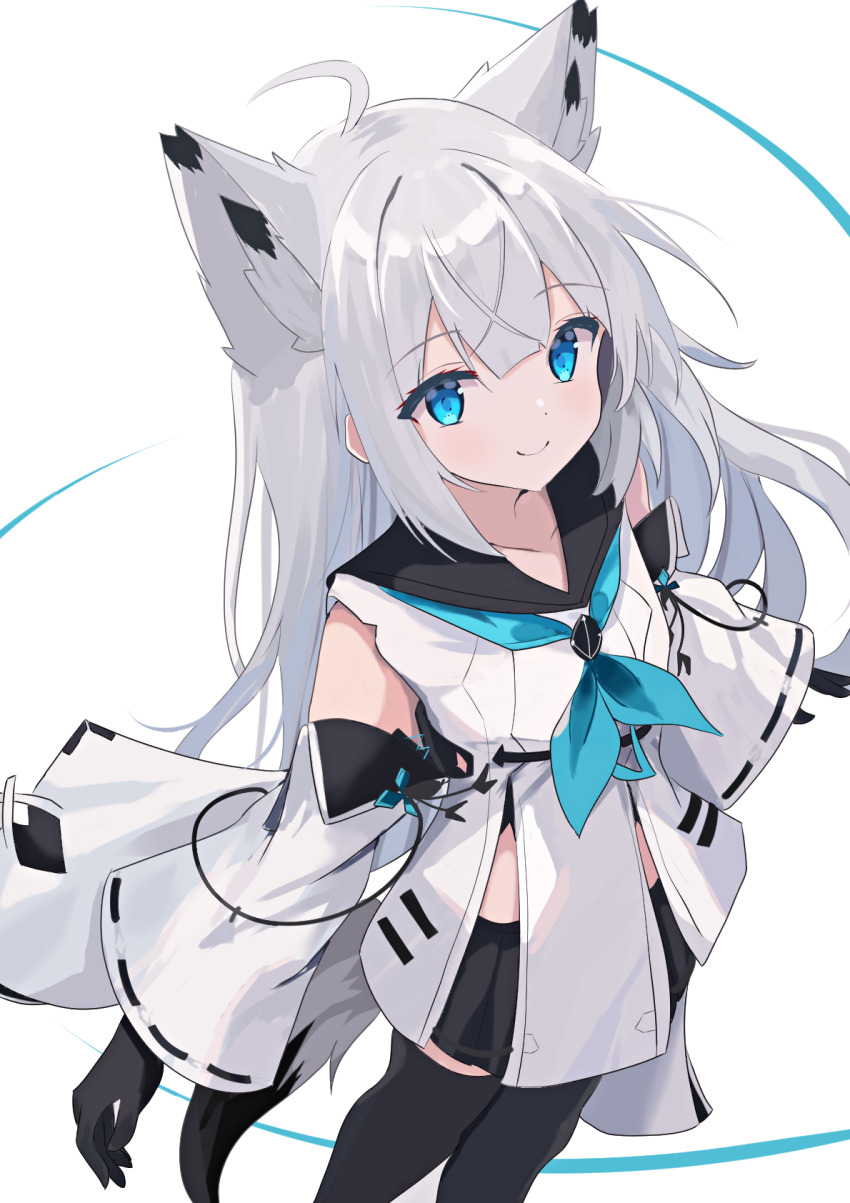 1girl ahoge animal_ears azur_lane black_gloves black_skirt black_thighhighs blue_eyes blue_neckerchief closed_mouth detached_sleeves dress fox_ears fox_girl fox_tail gloves highres japanese_clothes kawakaze_(azur_lane) long_hair looking_at_viewer natsuki_(natsu_1936) neckerchief pleated_skirt ribbon_trim simple_background skirt smile solo tail thighhighs white_background white_dress white_hair wide_sleeves