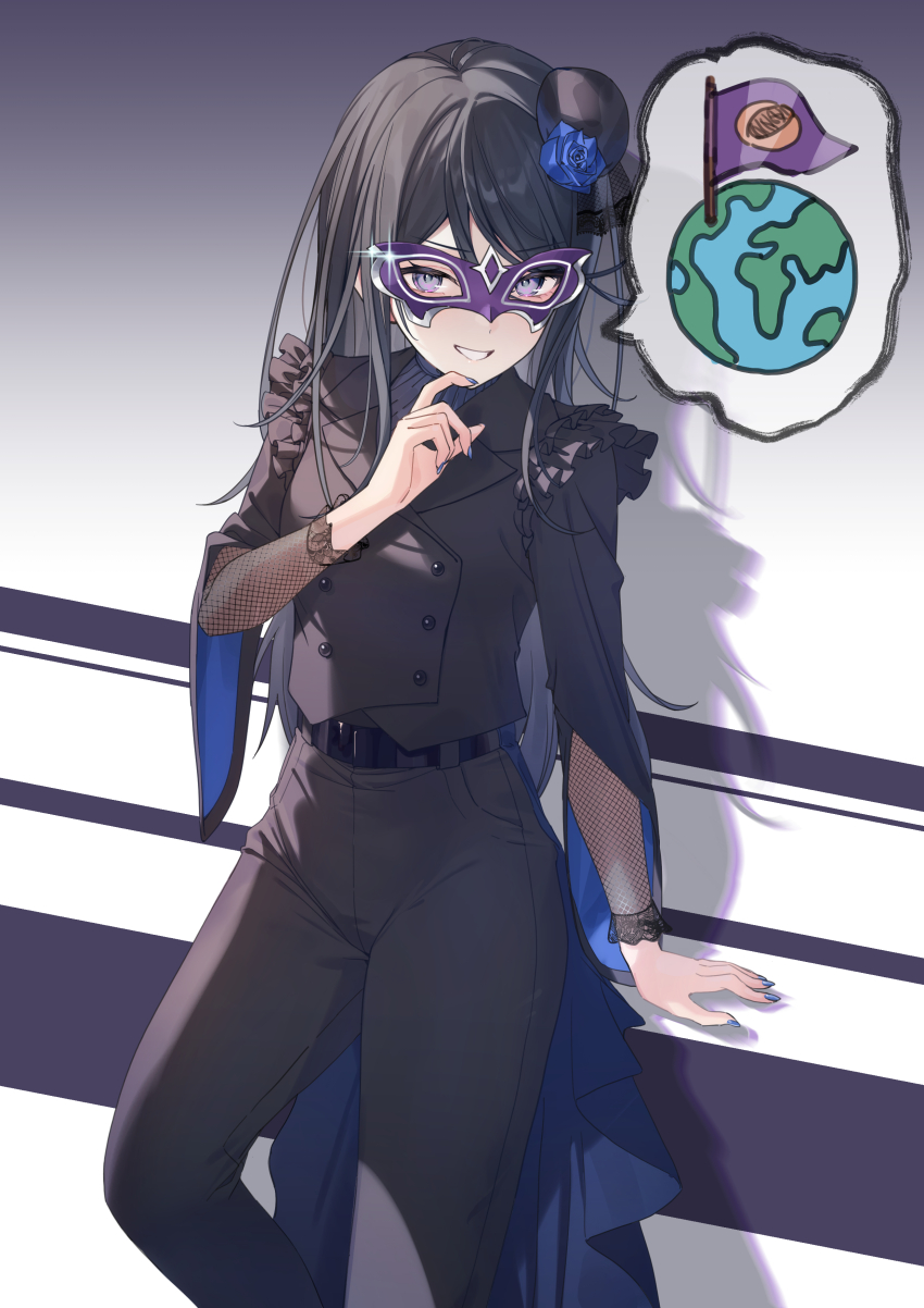 1girl absurdres belt black_belt black_hair black_pants blue_flower blue_rose buttons commentary_request cowboy_shot domino_mask flower grin hair_flower hair_ornament highres hoshino_ichika_(project_sekai) light_blush long_hair looking_at_viewer mask pants project_sekai purple_eyes rose smile solo teeth timmoo