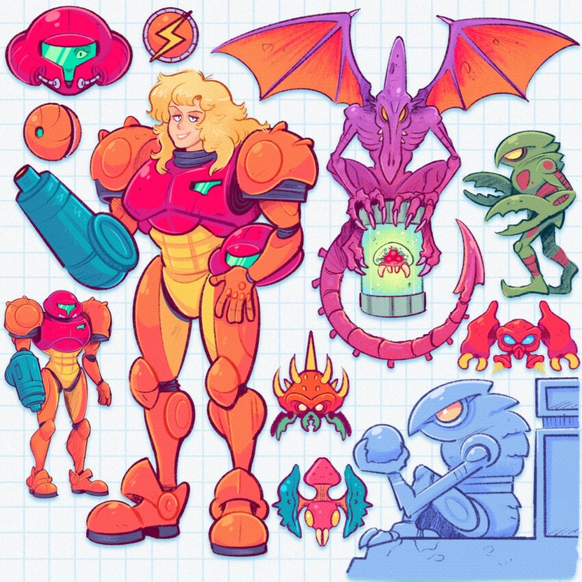 1girl alien arm_cannon armor assault_visor blonde_hair cartoonized claws commentary encasement english_commentary green_visor gun helmet highres holding holding_helmet long_hair looking_at_viewer metroid metroid_(creature) metroid_larva monster morph_ball mostlyghostly nintendo power_armor power_suit power_suit_(metroid) ridley samus_aran sharp_teeth space_pirate_(metroid) standing tank_(container) teeth toon_(style) varia_suit weapon wings zebesian