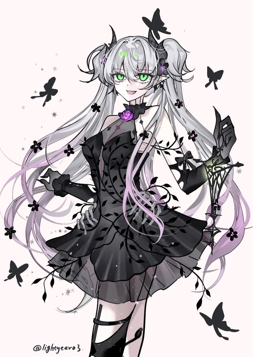 1girl bare_shoulders black_dress black_gloves detached_sleeves dress fate/grand_order fate_(series) gloves gradient_hair green_eyes grey_hair hair_between_eyes highres holding lilith_(fate) long_hair looking_at_viewer multicolored_hair official_alternate_costume pink_hair smile solo twintails twitter_username two-tone_hair very_long_hair white_background xixing_chun