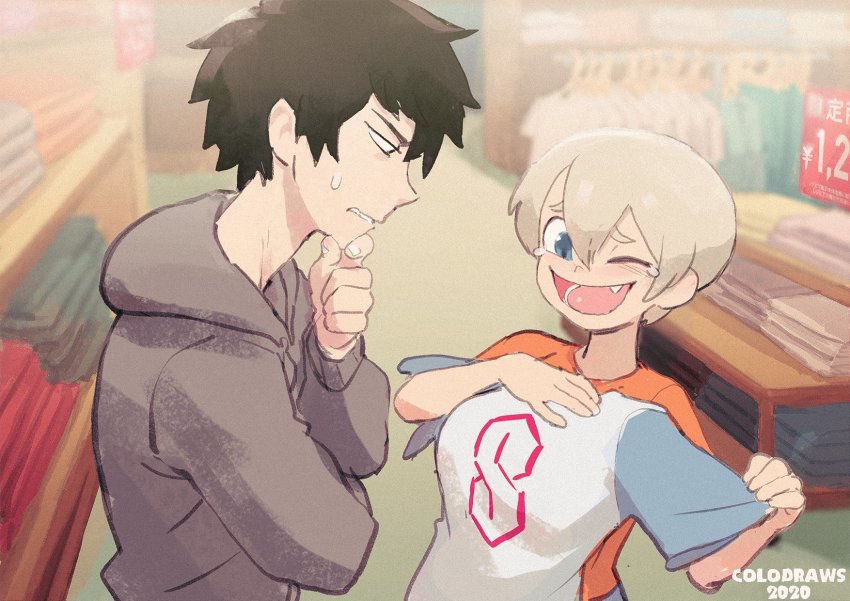 1boy 1girl black_hair blue_eyes blurry blurry_background blush colo_(nagrolaz) cool_s fang film_grain grey_hair grey_hoodie highres holding holding_shirt holding_unworn_clothes hood hood_down hoodie indoors long_sleeves one_eye_closed open_mouth orange_shirt profile sakurai_shin&#039;ichi shirt shop short_hair short_sleeves sign smile unworn_shirt upper_body uzaki-chan_wa_asobitai! uzaki_hana