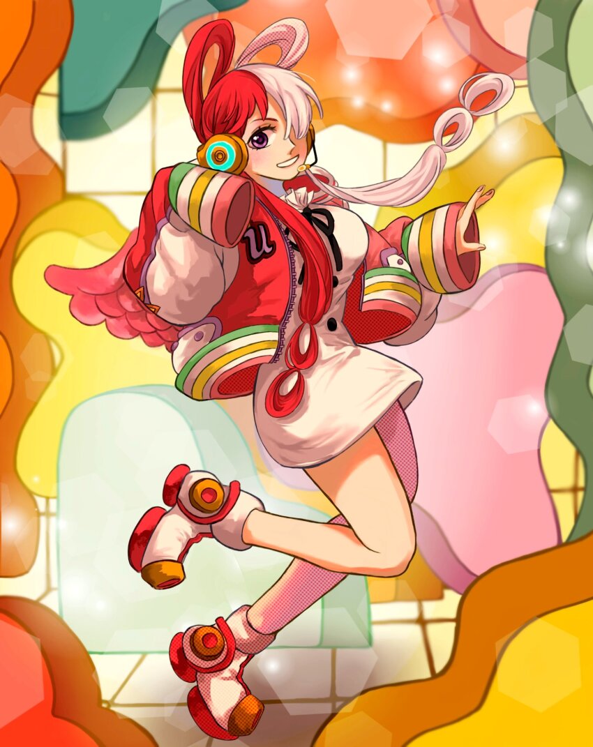 1girl dress full_body hair_over_one_eye headphones headset highres jacket looking_at_viewer one_piece one_piece_film:_red pink_wings purple_eyes red_hair sinoda_maru7326 sleeves_past_wrists smile solo standing standing_on_one_leg two-tone_wings uta_(one_piece) white_dress white_hair white_wings wings