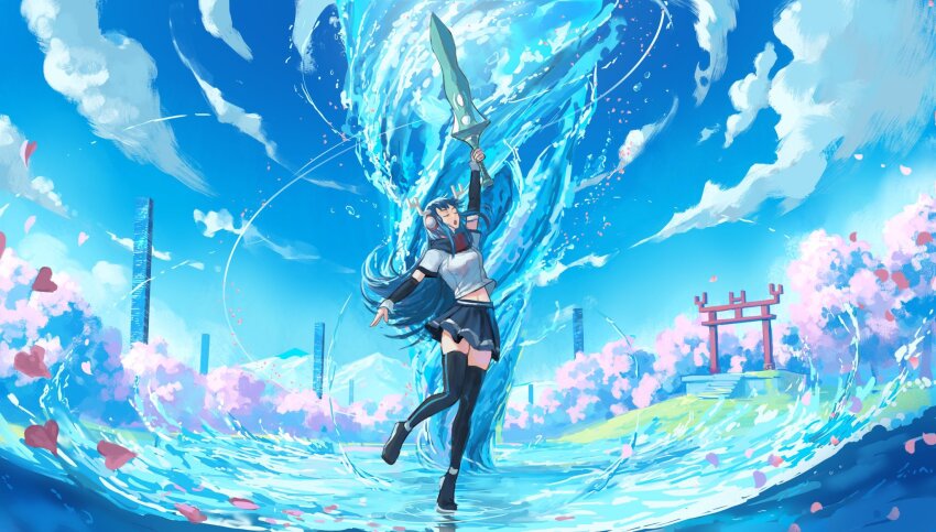 1girl :o antlers arm_up black_shoes black_thighhighs blue_scarf blue_skirt blue_sky blue_sleeves breasts building cherry_blossoms closed_eyes cloud commentary commission contrapposto crop_top cropped_shirt day detached_sleeves english_commentary falling_petals floating_hair full_body grass greatsword highres holding holding_sword holding_weapon horns hydrokinesis kamiko_(game) landscape large_breasts long_eyelashes long_hair long_sidelocks long_sleeves midriff miniskirt mountainous_horizon nature navel open_mouth outdoors outstretched_arm petals pink_petals pleated_skirt pointing pointing_melee_weapon pointing_sword pointing_up raised_eyebrows red_scarf scarf shirt shoes short_sleeves sidelocks skindentation skirt sky skyscraper solo splashing standing standing_on_one_leg sword thick_eyelashes thighhighs thighs tiptoes torii tree two-tone_scarf vertigris very_long_hair wading water water_drop waves weapon whirlpool white_horns white_shirt white_sleeve_cuffs yamato_(kamiko) zettai_ryouiki