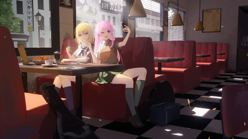 2girls 3d absurdres bag bang_dream! bang_dream!_it&#039;s_mygo!!!!! black_socks blonde_hair blue_bag blue_neckerchief blush brown_shoes brown_sweater_vest chihaya_anon closed_mouth collared_shirt commentary croissant cup diagonal-striped_clothes diagonal-striped_necktie food green_necktie green_skirt green_socks grey_eyes guitar_case hair_between_eyes hanasakigawa_school_uniform haneoka_school_uniform highres holding holding_cup holding_phone indoors instrument_case kneehighs light_particles long_hair medium_hair misumi_uika multiple_girls neckerchief necktie open_mouth phone pink_hair plaid_clothes plaid_skirt purple_eyes sailor_collar school_bag school_uniform selfie serafuku shirt shoes short_sleeves sitting skirt socks striped_clothes sumimi_(bang_dream!) sumita_mana sweater_vest teeth upper_teeth_only v white_sailor_collar white_shirt yuebanmao