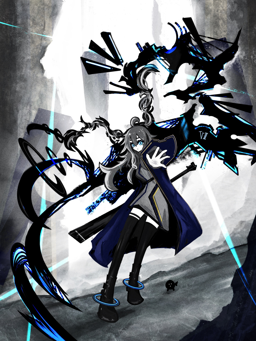 1girl absurdres blue_theme full_body grey_hair highres huge_weapon incoming_attack looking_at_viewer multicolored_hair original outstretched_hand riz_kira roman_numeral spot_color twintails two-tone_hair weapon white_hair