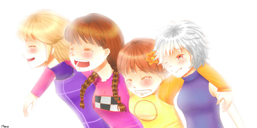 .flow 4girls absurdres artist_name bare_shoulders blonde_hair blush braid brown_hair chie_(lcddem) commentary crossover crying glowing hair_ornament highres lcddem madotsuki maka_(luciddreamer2) multiple_girls one_eye_closed open_mouth orange_eyes raglan_sleeves sabitsuki short_hair sidelocks silver_hair simple_background twin_braids urotsuki white_background yume_2kki yume_nikki