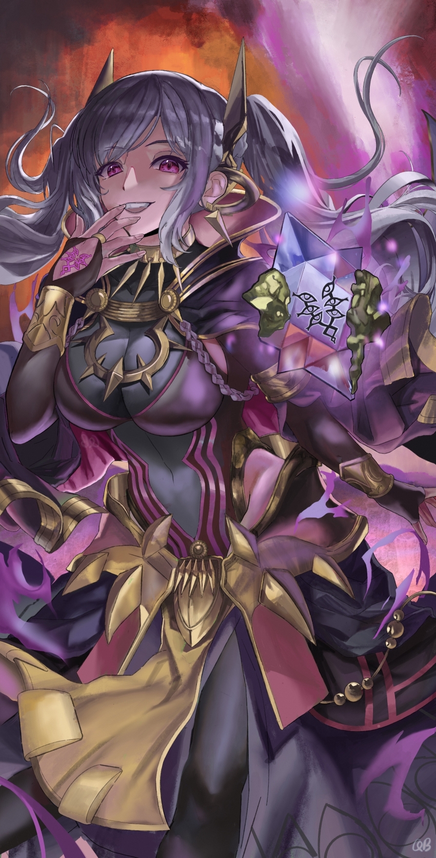 1girl absurdres aura bodystocking breasts bridal_gauntlets cleavage covered_navel dark_aura dark_persona eyes_of_grima female_robin_(fire_emblem) female_robin_(grima)_(fell_tactician)_(fire_emblem) female_robin_(grima)_(fire_emblem) fire_emblem fire_emblem_awakening fire_emblem_heroes grey_hair hand_tattoo highres karmamissile731 large_breasts long_hair looking_at_viewer nintendo official_alternate_costume possessed red_eyes see-through_cleavage see-through_clothes smile solo standing tattoo twintails