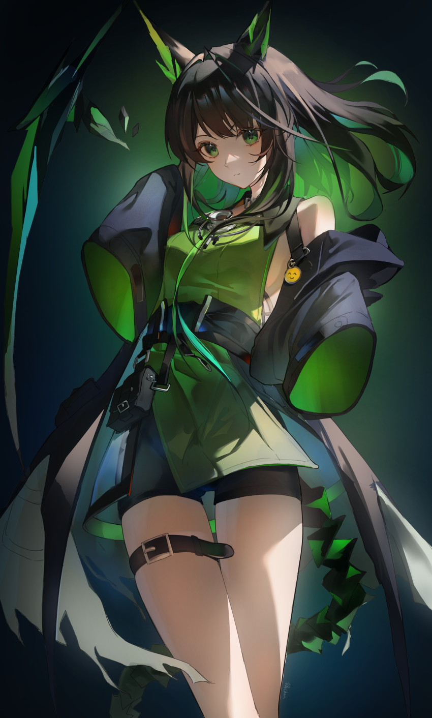 1girl absurdres animal_ears arknights belt black_hair black_jacket black_shorts closed_mouth colored_inner_hair commentary feet_out_of_frame green_eyes green_hair green_shirt guo_chan highres jacket looking_at_viewer mon3tr_(arknights) multicolored_hair off_shoulder shirt shorts simple_background sleeveless sleeveless_shirt sleeves_past_fingers sleeves_past_wrists solo tail thigh_belt thigh_strap