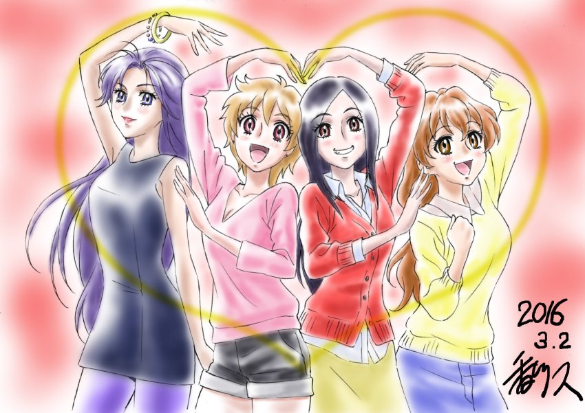 00s 10s 2016 4girls aged_up airbrush_(medium) alternate_hair_length alternate_hairstyle aono_miki cowboy_shot dated fresh_precure! friends grin heart heart_arms heart_arms_duo higashi_setsuna highres kagawa_hisashi lineup looking_at_viewer momozono_love multiple_girls pantyhose precure red_background simple_background smile yamabuki_inori