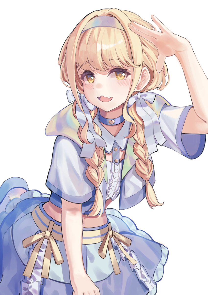 1girl absurdres blonde_hair blush braid cropped_jacket cropped_shirt fang fujita_kotone gakuen_idolmaster hair_ribbon highres idolmaster long_hair looking_at_viewer midriff navel ribbon ribbon_braid ricke_2002 sekaiichi_kawaii_watashi_(idolmaster) short_sleeves simple_background skin_fang smile solo twin_braids white_background white_ribbon yellow_eyes