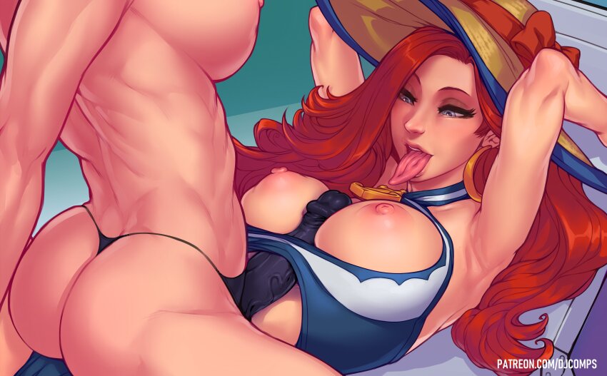 2girls :p absurdres artist_name ass bikini black_bikini blue_one-piece_swimsuit bow breasts dildo djcomps earrings grey_eyes hat highres hoop_earrings jewelry large_breasts league_of_legends miss_fortune_(league_of_legends) multiple_girls nipples one-piece_swimsuit paizuri pool_party_miss_fortune red_bow red_hair sex_toy strap-on sun_hat swimsuit tongue tongue_out watermark web_address yuri