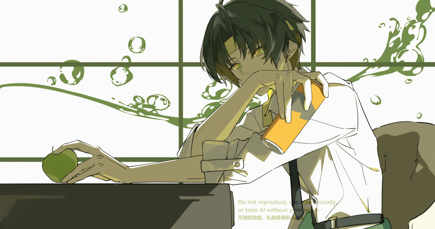 1boy apple arm_rest asaba_harumasa belt bingzhen_h2o black_hair black_necktie can commentary_request covered_mouth earrings food fruit headband highres holding holding_can holding_food holding_fruit indoors jewelry male_focus necktie parted_bangs shadow shirt shirt_tucked_in short_hair sitting sleeves_rolled_up solo upper_body white_shirt yellow_eyes yellow_headband zenless_zone_zero