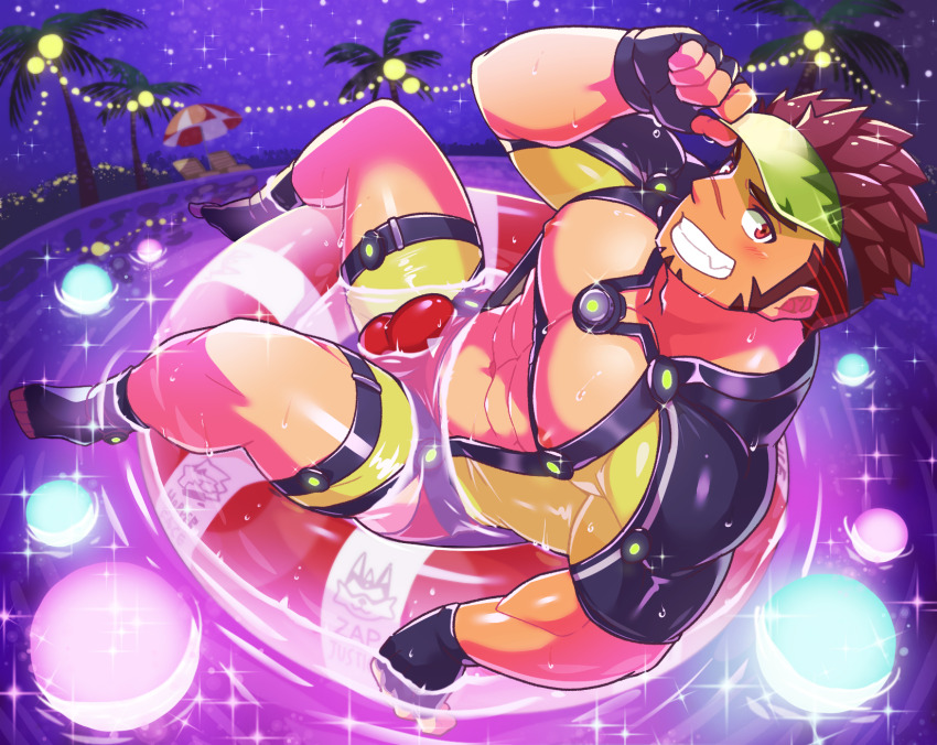 1boy abs akashi_(live_a_hero) akashi_(water_bullet)_(live_a_hero) aopanda bara bare_pectorals black_gloves bodysuit bulge facial_hair fingerless_gloves gloves green_bodysuit highres innertube large_pectorals live_a_hero long_sideburns looking_at_viewer male_focus male_swimwear muscular muscular_male nipples official_alternate_costume pectorals red_hair red_male_swimwear scar scar_on_face scar_on_nose short_hair sideburns smile solo swim_ring swimsuit teeth thick_thighs thighs visor_cap water wet wet_clothes wet_swimsuit