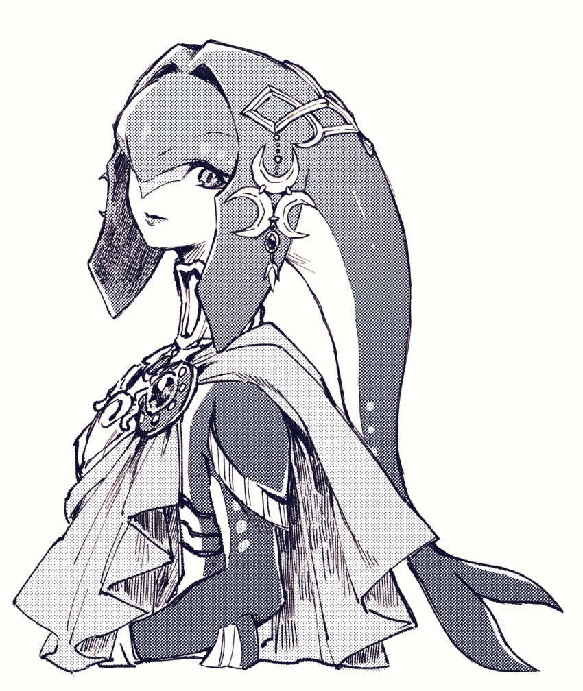 1girl armor brooch colored_skin fins fish_girl greyscale head_fins highres jewelry looking_at_viewer mipha monochrome monster_girl multicolored_skin neck_ring nintendo nomo96 one_eye_covered shoulder_armor smile solo the_legend_of_zelda the_legend_of_zelda:_breath_of_the_wild two-tone_skin upper_body white_background zora