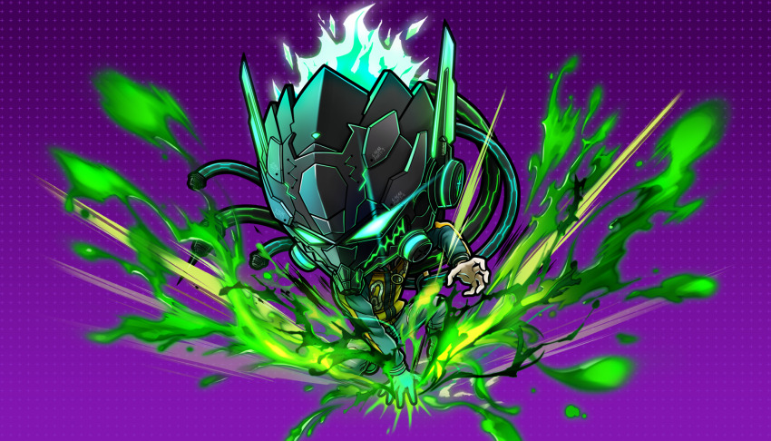 1boy chibi chibi_only claw_pose facing_viewer fighting_stance full_body green_jacket hand_up helmet highres jacket kneeling male_focus non-web_source official_art purple_background solo takinogawa_jio tribe_nine
