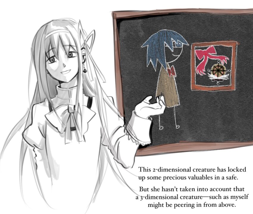 akemi_homura black_hair blue_hair chalk_drawing chalkboard greyscale hair_ribbon long_hair long_sleeves mahou_shoujo_madoka_magica mermaidcandle mitakihara_school_uniform monochrome ribbon school_uniform simple_background white_background