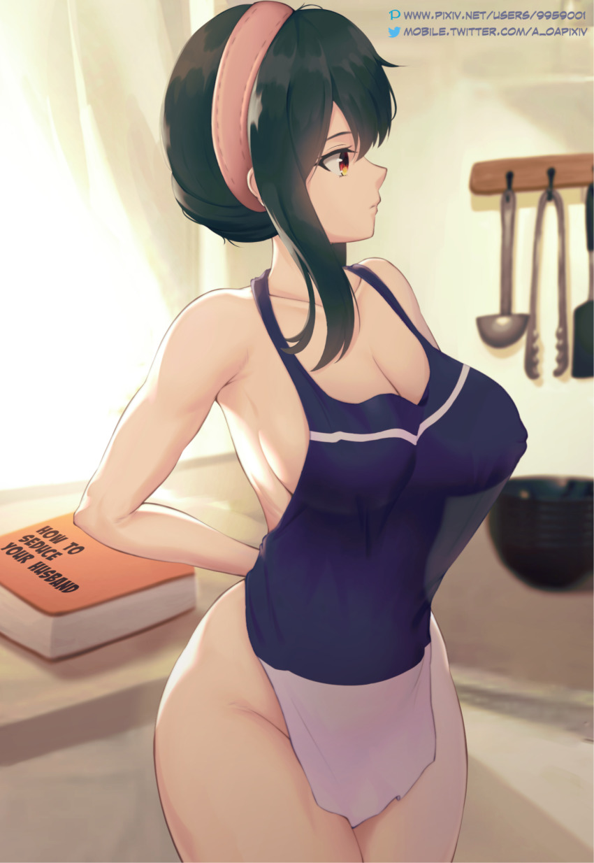1girl a-o_a apron backlighting bare_shoulders book bowl breasts cleavage closed_mouth cowboy_shot english_text hairband highres indoors kitchen ladle large_breasts naked_apron pink_hairband pixiv_id profile red_eyes short_hair_with_long_locks sidelocks solo spatula spy_x_family thighs tongs twitter_logo tying_apron watermark web_address yor_briar