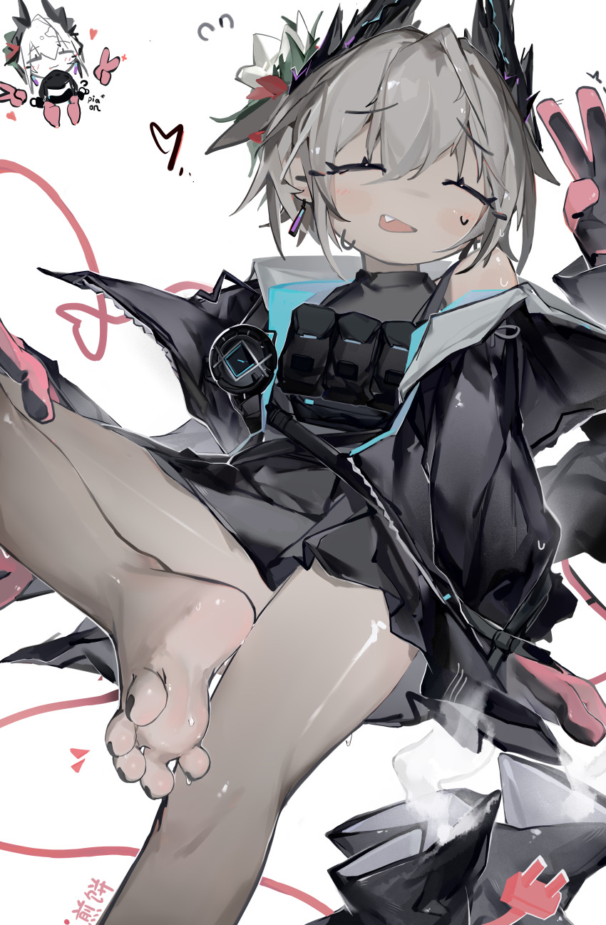 1girl absurdres arknights artist_name bare_legs barefoot black_jacket black_nails black_skirt blush boots chinese_commentary closed_eyes commentary_request dark-skinned_female dark_skin earrings fang feet flower foot_out_of_frame gloves grey_hair hair_between_eyes hair_flower hair_ornament hands_up highres jacket jewelry legs meiwei_de_jianbing nail_polish off_shoulder open_clothes open_jacket pink_gloves pleated_skirt pouch raidian_(arknights) short_hair simple_background skirt smelling soles solo sweat sweatdrop thighs toenail_polish toenails toes unworn_boots white_background white_flower