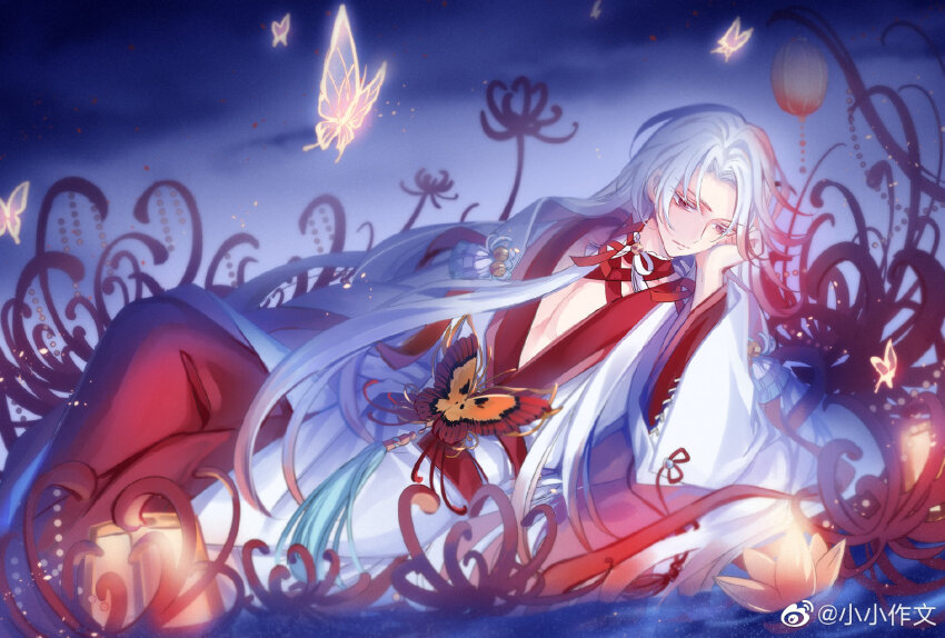 1boy bug butterfly butterfly_ornament chinese_clothes chinese_commentary choker colored_eyelashes curtained_hair elbow_rest expressionless feet_out_of_frame flower glowing_butterfly hair_ribbon hanfu insect knee_up lantern light_particles long_hair looking_at_object lotus_lantern male_focus meng_po_tea_(the_tale_of_food) multicolored_hair night open_clothes open_robe orange_butterfly oversized_flower pants parted_bangs pectoral_cleavage pectorals reclining red_choker red_eyes red_hair red_pants red_ribbon ribbon robe sidelocks solo spider_lily streaked_hair the_tale_of_food tress_ribbon water watermark weibo_watermark white_hair white_robe wide_sleeves xiao_xiao_zuowen