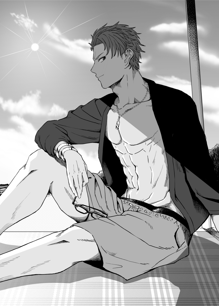 1boy abs absurdres beach beach_umbrella bracelet commentary_request fate/grand_order fate_(series) glasses greyscale highres irokawa_iku jewelry knee_up lancelot_(fate/grand_order) looking_to_the_side male_focus male_swimwear monochrome necklace open_clothes open_shirt shirt sitting solo sun swim_trunks umbrella
