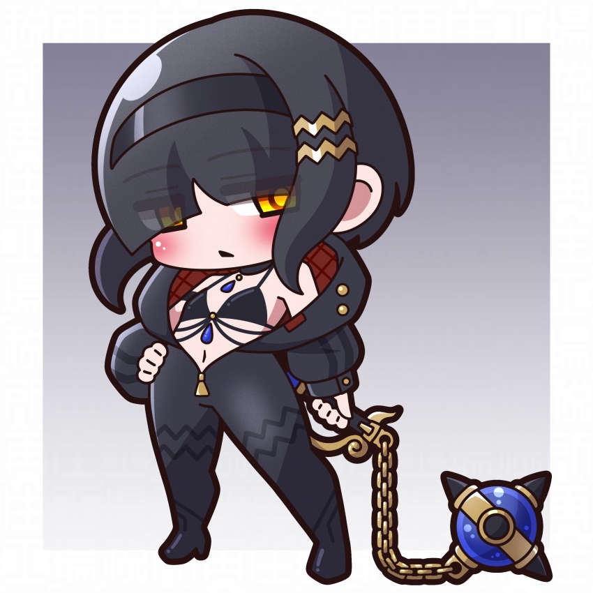 1girl absurdres bare_shoulders black_collar black_hair black_hairband black_jumpsuit blush chibi closed_mouth collar commentary_request eyes_visible_through_hair full_body gradient_background grey_background hair_ornament hair_over_one_eye hairband hairclip hand_on_own_hip highres holding holding_weapon jumpsuit long_sleeves navel orange_eyes original puffy_long_sleeves puffy_sleeves saishosaisekojo solo standing weapon weapon_request white_background