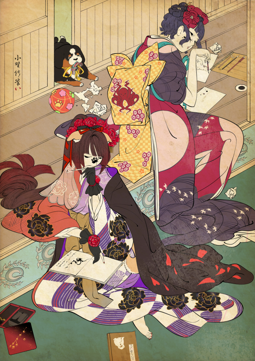 2girls animal back ball barefoot black_gloves blue_hair brown_hair calligraphy_brush dog fate/grand_order fate_(series) flower gloves hair_flower hair_ornament highres ink_on_face inkstone japanese_clothes katsushika_hokusai_(fate) kimono kyokutei_bakin_(fate) kyokutei_bakin_(second_ascension)_(fate) long_hair multiple_girls nail_polish ono_tako paintbrush red_nails sash sitting toenail_polish toenails torn_paper very_long_hair yokozuwari
