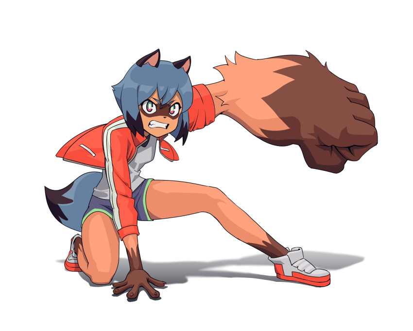 1girl animal_ears blue_hair blue_shorts brand_new_animal clenched_teeth emiladylbekuulu gorilla_arm highres jacket kagemori_michiru non-web_source raccoon_ears raccoon_girl raccoon_tail red_jacket shoes short_hair shorts simple_background solo studio_trigger tail tanuki teeth trigger_(company) white_background