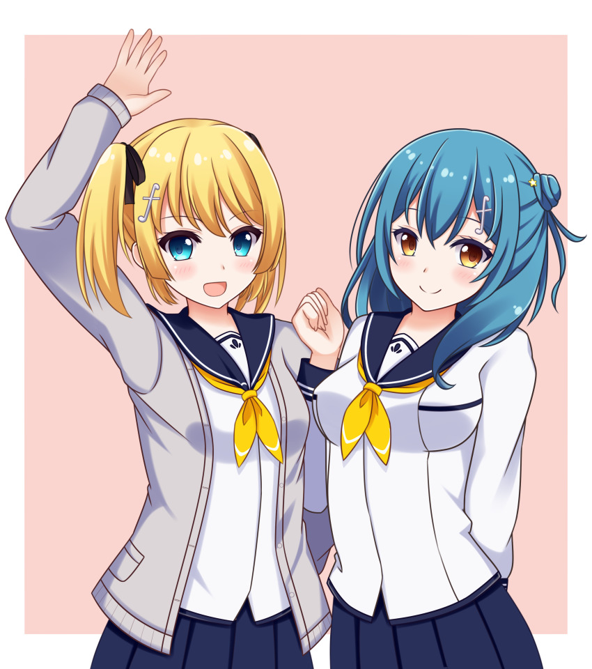 2girls absurdres battle_girl_high_school blonde_hair blue_eyes blue_hair blush breasts brysinggamen forte_(symbol) fortissimo hair_ornament highres kougami_kanon kunieda_shiho long_hair looking_at_viewer multiple_girls musical_note musical_note_hair_ornament open_mouth school_uniform short_hair smile twintails yellow_eyes