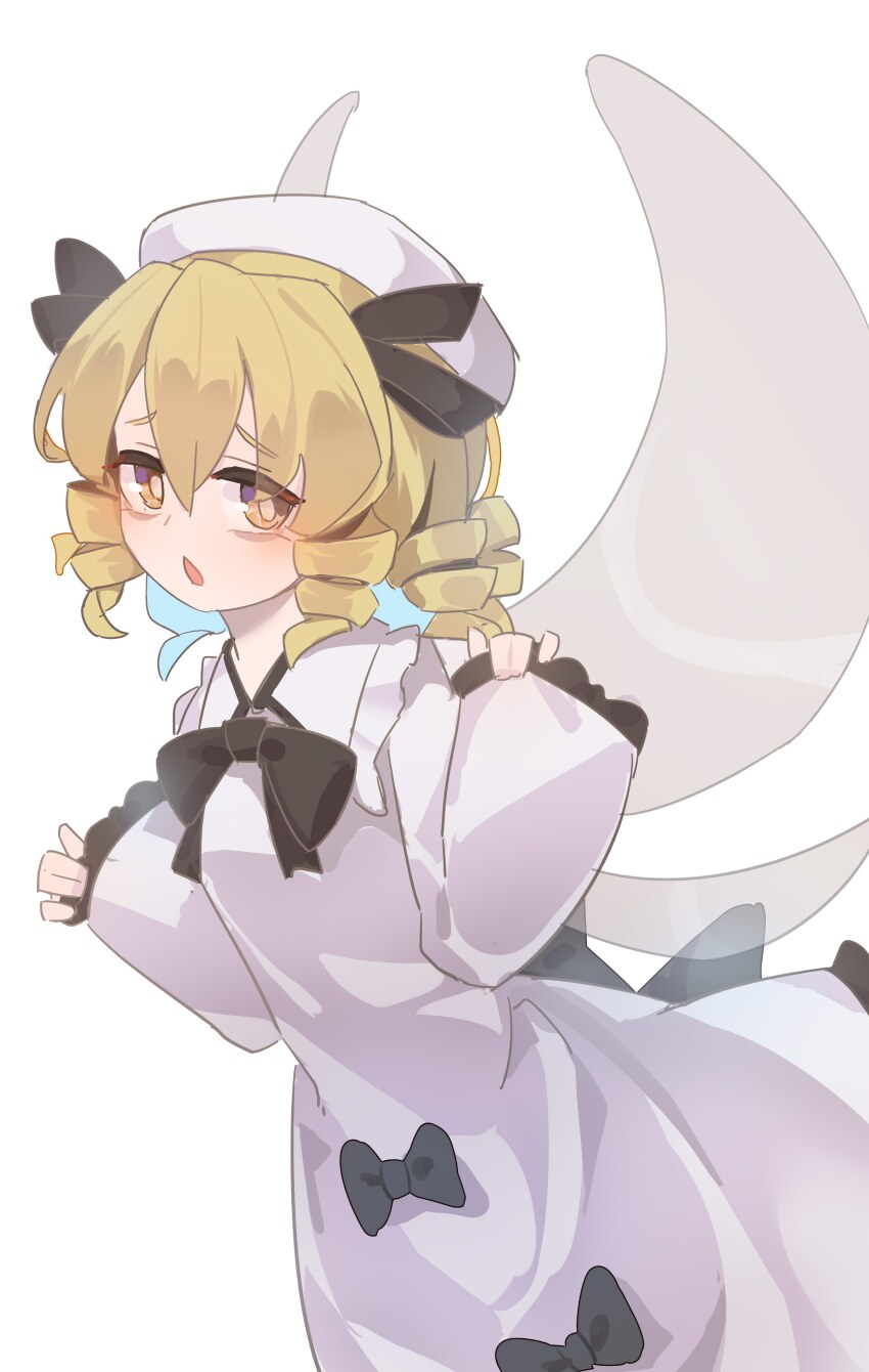 1girl absurdres black_ribbon blonde_hair breasts brown_eyes collar drill_hair gumingdi_ban hair_ribbon hat highres holding_sleeve luna_child mob_cap open_mouth ribbon simple_background solo touhou transparent_wings upper_body white_background white_collar white_hat wings