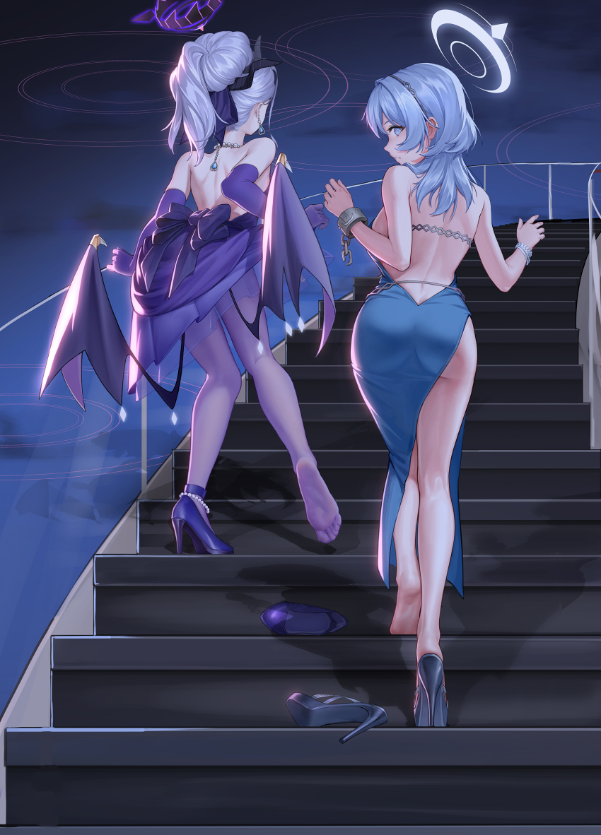2girls absurdres ako_(blue_archive) ako_(dress)_(blue_archive) ass barefoot bigxixi blue_archive blue_eyes blue_hair demon_wings dress feet highres hina_(blue_archive) hina_(dress)_(blue_archive) long_hair looking_at_viewer looking_back multiple_girls pantyhose parted_lips ponytail shoes soles stairs toes unworn_shoes white_hair wings