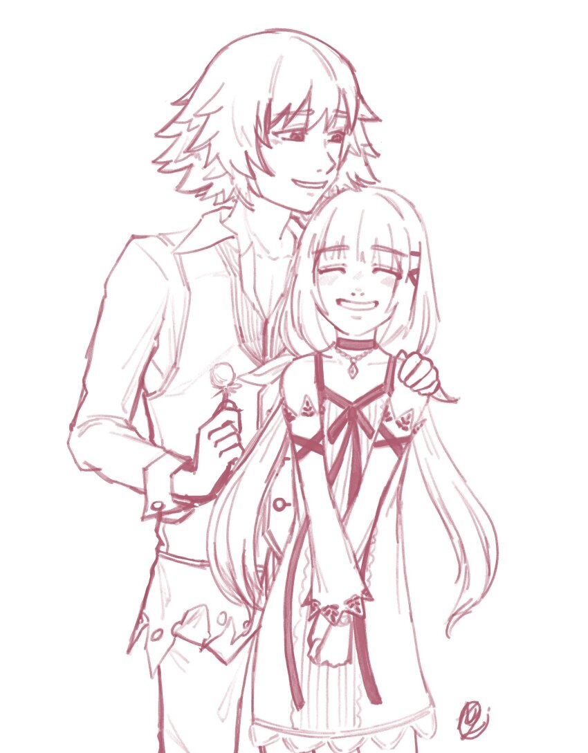 1boy 1girl brother_and_sister dress flower highres innotsu kingdom_hearts kingdom_hearts_unchained_x lauriam short_hair siblings sketch smile strelitzia_(kingdom_hearts) twintails